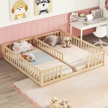 Kumix Double Floor Bed with Fence Guardrails, without Door, Slats, Wood Twin Toddler Floor Bed Frame for Kids Aged 1-3, Twin Floor Beds for 2, Noise-Free, No Box Spring Needed, Natural