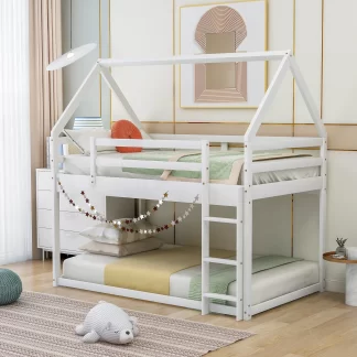 Kumix Bunk Bed Twin over Twin, Wooden House Bunk Bed with Full-Length Guardrail and Build-in Ladder for Kids Teens Adults, Low Bunk Bed for Bedroom, Dorm, Noise-Free, Easy Assembly, White