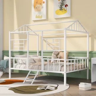 Kumix Loft Bed Full Size, Metal House Loft Bed with Roof Frame and Under Bed Space, Slatted Support, Guardrail and Ladder for Kids Young Teens, Heavy Duty Loft Bed for Bedroom, White