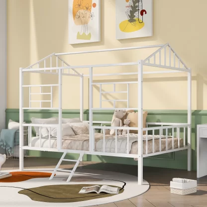 Kumix Loft Bed Full Size, Metal House Loft Bed with Roof Frame and Under Bed Space, Slatted Support, Guardrail and Ladder for Kids Young Teens, Heavy Duty Loft Bed for Bedroom, White