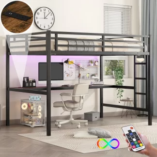 Kumix Loft Bed with Desk, Metal Loft Bed Full XL Size with Power Outlet and LED Lighted for Kids Teens Adults, Heavy Duty Loft Bed Frame with Guardrail and Ladder, Space-Saving, Noise Reduced, Black