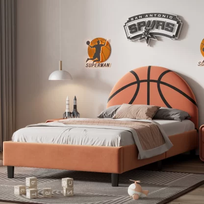 Kumix Platform Bed Twin Size, Basketball Design Upholstered Platform Bed with Sport Style, Slats Support for Boys & Girls, Kids, Noise-Free Platform Bed for Bedroom, No Box Spring Needed, Orange