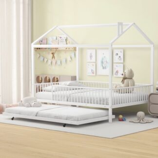 Kumix House Bed with Trundle, Full Size Metal House Bed and Fence Guardrail for Kids Teens Adults, Heavy Duty House Beds for Bedroom, Dorm, No Box Spring Needed, Noise-Free, Easy Assembly, White