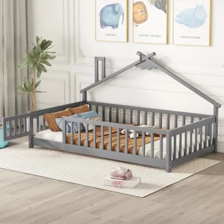 Kumix Wooden Floor Bed with House-Shaped Frame, Fence Guardrails, Slats Support, Door, Twin Toddler Floor Bed for Kids Boys/Girls, No Box Spring Needed, Noise-Free, Easy Assembly, Gray
