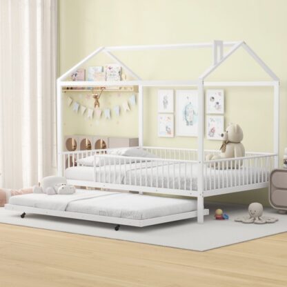 Kumix House Bed with Trundle, Full Size Metal House Bed and Fence Guardrail for Kids Teens Adults, Heavy Duty House Beds for Bedroom, Dorm, No Box Spring Needed, Noise-Free, Easy Assembly, White