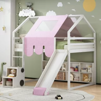 Kumix Full Size Loft Bed with Slide and Tent, House Loft Bed with Car-Shaped Storage and 2 Tier Shelves, Wood Loft Bed with Safety Guardrail & Ladder for Kids Teens Boys Girls, Noise-Free, Pink