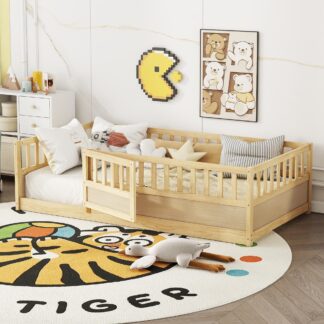 Kumix Floor Bed Twin Size with Door and Fence, Toddler Bed for Kids Aged 1-3, Wood Floor Bed with Safety Guardrails for Bedroom, Floor Bed Frame for Girls & Boys, No Box Spring Needed, Natural