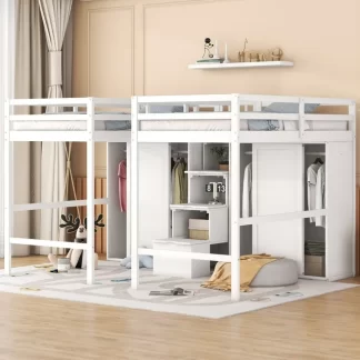 Kumix Double Loft Beds Twin Size, Wood Loft Bed with Wardrobes and Storage Staircase, Full Length Guardrail for 2 Kids Teens Adults, Space-Saving Loft Bed for Bedroom, Noise-Free, White