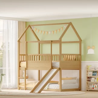 Kumix House Bunk Bed with Slide and Convertible Ladder, Wood Floor Bunk Bed Twin over Twin with Safety Guardrail for Kids Teens Adults, Heavy Duty Bunk Bed for Bedroom, Noise-Free, Natural