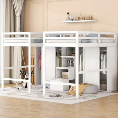 Kumix Double Loft Beds Twin Size, Wood Loft Bed with Wardrobes and Storage Staircase, Full Length Guardrail for 2 Kids Teens Adults, Space-Saving Loft Bed for Bedroom, Noise-Free, White