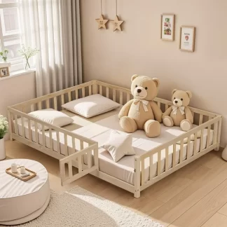 Kumix Full Size Floor Bed with Fence and Door for Kids 1-3 Aged, Montessori Floor Bed Frame with Support Slats for Toddlers, Wooden Floor Bed for Bedroom, Noise-Free, Easy Assembly, Natural