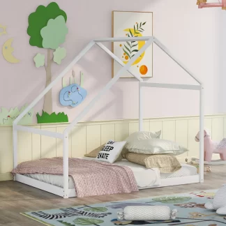 Kumix House Floor Bed with Roof Frame, without Slats, Wooden Full Size Floor Bed for Kids Boys & Girls 1-3 Aged, Toddler Floor Bed for Bedroom, Heavy Duty Full Floor Bed, Noise-Free, White