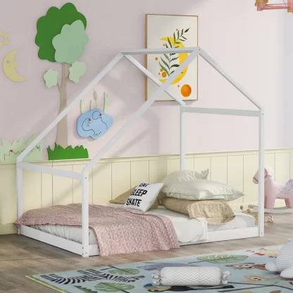 Kumix House Floor Bed with Roof Frame, without Slats, Wooden Full Size Floor Bed for Kids Boys & Girls 1-3 Aged, Toddler Floor Bed for Bedroom, Heavy Duty Full Floor Bed, Noise-Free, White