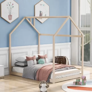 Kumix House Floor Bed, Wooden Full Size Floor Bed with Roof Frame for Kids Teens Boys and Girls, No Weight Capacity Limit, Heavy Duty Floor Bed for Bedroom, Dorm, No Box Spring Needed, Natural