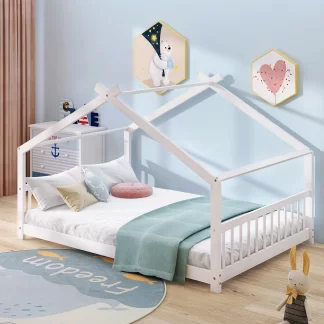 Kumix House Floor Bed with Roof Frame and Slats Support, Full Kids Floor Bed with Headboard and Footboard for Boys and Girls, Heavy Duty Floor Bed Frame for Bedroom, Dorm, Noise-Free, White