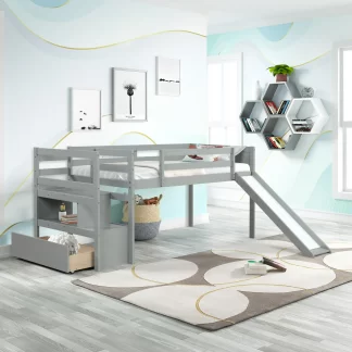 Kumix Loft Bed Twin Size with Slide for Kids, Low Loft Bed with Storage Stair, Drawer and Full Length Guardrail for Boys/Girls, Space-Saving, Spacious Under Bed Space, Noise-Free, Gray