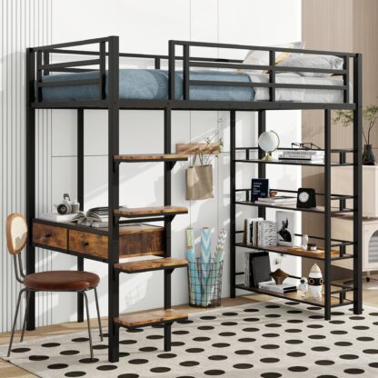 Kumix Loft Bed Twin Size with Desk, Drawers and Shelves, Metal Loft Bed with Full Length Guardrail and Ladder for Kids Teens Adults, Heavy Duty Loft Bed Frame for Bedroom, Noise-Free, Black
