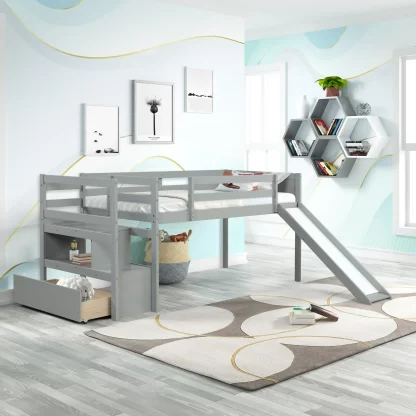 Kumix Loft Bed Twin Size with Slide for Kids, Low Loft Bed with Storage Stair, Drawer and Full Length Guardrail for Boys/Girls, Space-Saving, Spacious Under Bed Space, Noise-Free, Gray