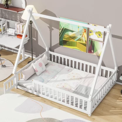 Kumix Floor Bed with Fence Guardrails, Full Tent-shaped Floor Bed for Kids Boys/Girls, Wood Floor Bed Frame for Toddler 1-3, Low Floor Bed Slat Support, Easy Assembly, Noise-Free, White