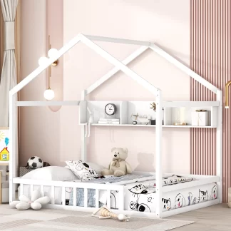 Kumix House Bed with Storage Shelf, Wooden Full Size Kids House Bed with Fence Guardrail and Roof for Boys and Girls, Heavy Duty House Bed Frame for Bedroom, Noise-Free, Easy Assembly, White