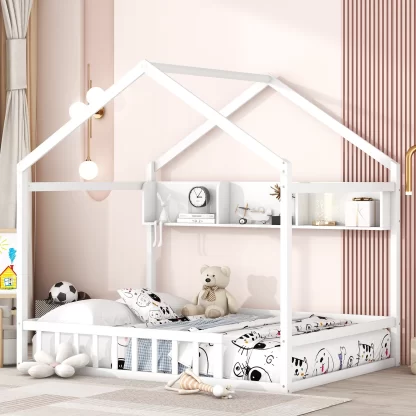 Kumix House Bed with Storage Shelf, Wooden Full Size Kids House Bed with Fence Guardrail and Roof for Boys and Girls, Heavy Duty House Bed Frame for Bedroom, Noise-Free, Easy Assembly, White
