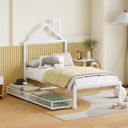 Kumix Platform Bed with Drawers, Twin Size Metal House Platform Bed with House-Shaped Headboard Design and Slats Supports for Kids Teens Adults, Noise-Free Platform Bed for Bedroom, Dorm, White