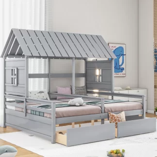 Kumix House Platform Beds with Two Drawers for Boy and Girl Shared Beds, Wooden Platform Bed Combination of 2 Side by Side Twin Size Beds, 2 in 1 Platform Bed, Noise-Free, Easy Assembly, Gray