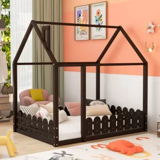 Kumix Floor Bed with Fence Guardrail and Roof, Wood Full Size Floor Bed without Slats for Boys and Girls, Kids Floor Beds for Bedroom, No Box Spring Needed, Noise-Free, Easy Assembly, Espresso