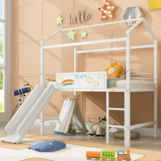 Kumix Loft Bed with Slide, Metal House Loft Bed Twin Size with Two-sided Writable Wooden Board and Roof Frame for Kids Young Teens, Heavy Duty Kids House Bed for Bedroom, Noise-Free, White