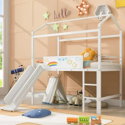 Kumix Loft Bed with Slide, Metal House Loft Bed Twin Size with Two-sided Writable Wooden Board and Roof Frame for Kids Young Teens, Heavy Duty Kids House Bed for Bedroom, Noise-Free, White