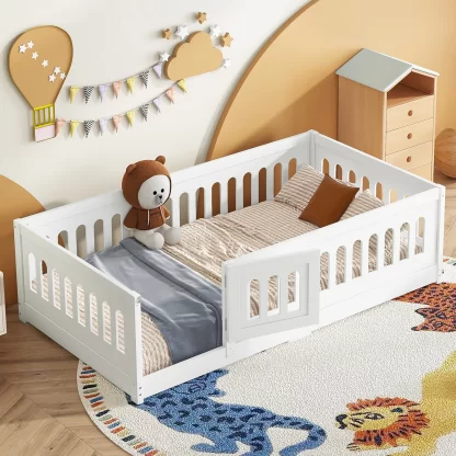 Kumix Floor Bed with Heightened Safety Guardrails and Door, Solid Wood Twin Size Floor Bedframe with Rails for Girls, Boys, Teens, Child Bedroom, Kids Playroom, No Slats Included, White