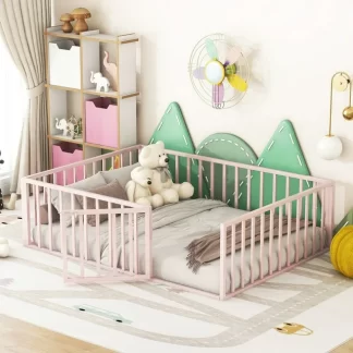 Kumix Floor Bed Full Size, Metal Floor Bed with Fence and Door for Kids 1-3, Toddler Floor Bed with Safety Guardrail for Bedroom, Playroom, No Box Spring Needed, Easy Assembly, Pink