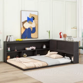 Kumix Floor Bed with L-shaped Bookcases, Sliding Doors, without Slats, Full Size Toddler Floor Bed for Kids Toddlers Aged 1-3, Wooden Floor Beds for Bedroom, No Weight Capacity Limit, Espresso