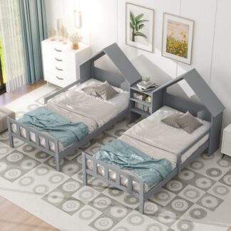 Kumix Double Twin Size Platform Bed with House-shaped Headboard and a Built-in Nightstand, Wooden Platform Bed with Slats Support, Under Bed Space for Kids Teens, Adults, Easy Assembly, Gray