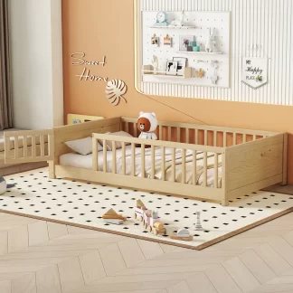 Kumix Twin Floor Bed with Built-in Book Storage Rack, Fence Guardrail and Door, Wooden Toddler Bed for Kids 1-3, Montessori Floor Beds for Bedroom, Twin Floor Beds, Easy Assembly, Natural