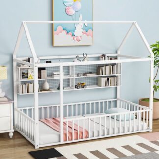 Kumix Twin Floor Bed with Fence and Shelves, Metal House Bed Frame with Roof for Kids Boys & Girls, Toddler Floor Beds Twin Size, No Weight Capacity Limit, Noise-Free, Easy Assembly, White