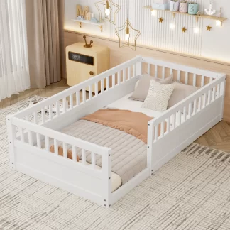 Kumix Floor Bed with Fence Guardrail, Twin Size Floor Bed for Kids Toddlers, Wood Floor Beds Frame for Bedroom Playroom, No Weight Capacity Limit, No Box Spring Needed, Easy Assembly, White