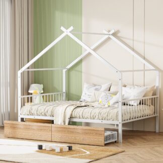 Kumix House Bed with Two Drawers, Full Size Metal House Bed with Roof Frame and Slats Support for Kids Teens Adults, Heavy Duty House Bed for Bedroom, Dorm, No Box Spring Needed, White
