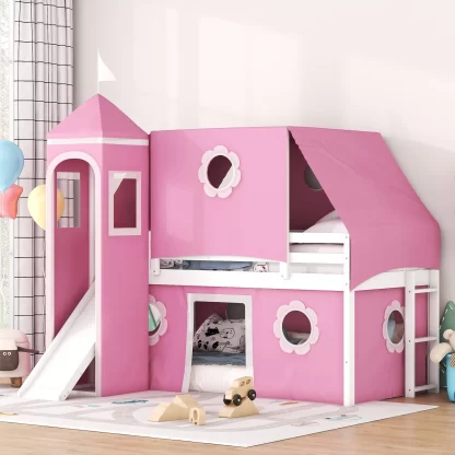 Kumix Loft Bed Twin Size with Slide for Kids, Wood Loft Bed with Tent and Tower, Full Length Guardrail and Build-in Ladder for Boys/Girls, Spacious Under Bed Space, Noise-Free, Pink