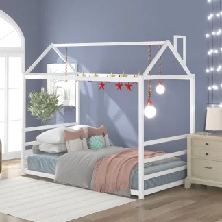 Kumix House Floor Bed with Roof and Chimney Design, Twin Floor Bed without Slats Support, Metal Platform Beds for Kids Toddlers Teens, Heavy Duty Floor Bed for Bedroom, Easy Assembly, White