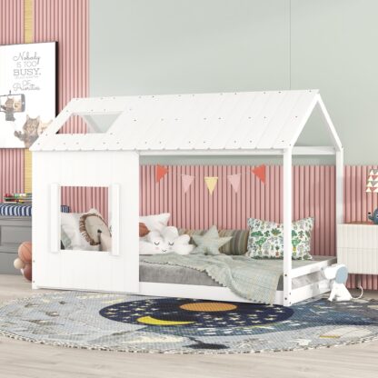 Kumix House Floor Bed with Roof Frame and Window, Twin Size Floor Bed with Slats Support for Kids Young Teens Boys and Girls, Kids Floor Beds for Bedroom, Dorm, Noise-Free, Easy Assembly, White
