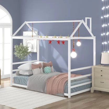 Kumix House Floor Bed with Roof and Chimney Design, Twin Floor Bed without Slats Support, Metal Platform Beds for Kids Toddlers Teens, Heavy Duty Floor Bed for Bedroom, Easy Assembly, White