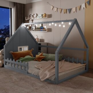 Kumix House Floor Bed with Roof Frame, Window LED and Fence Guardrail, Wooden Full Size Floor Bed with Slats Support for Kids 1-3 Aged, Toddler Floor Bed for Bedroom, Dorm, Noise-Free, Dark Gray