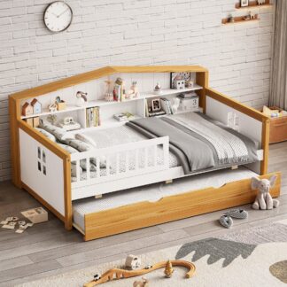 Kumix Floor Bed with Trundle and Bookcase Headboard, Wooden House Shape Twin Size Floor Bed Safety Fence Guardrails Bed for Girls Boys Teens, No Box Spring Needed, Walnut and White