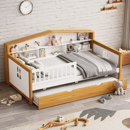 Kumix Floor Bed with Trundle and Bookcase Headboard, Wooden House Shape Twin Size Floor Bed Safety Fence Guardrails Bed for Girls Boys Teens, No Box Spring Needed, Walnut and White