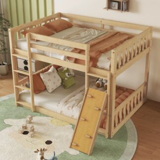 Kumix Bunk Bed Twin over Twin, Wooden Floor Bunk Beds with Climbing Ramp, Build-in Ladder, Safety Guardrails for Kids Young Teens Boys and Girls, Bunk Bed for 2, Noise-Free, Easy Assembly, Gray