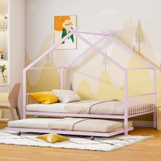 Kumix House Bed with Trundle, Twin Size Metal House Bed with a Roof Frame and Headboard, Footboard for Kids Teens Guests, with Twin Size Trundle,House Bed for 2, Noise-Free, Easy Assembly, Pink