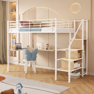 Kumix Loft Bed with Desk and Storage Wardrobe, Metal Loft Bed Twin with Stairs, Shelves and Metal Grid for Kids Teens Adults, Heavy Duty Loft Bed Frame with Guardrail and Ladder, Noise-Free, White