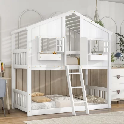 Kumix Twin over Twin House Bunk Bed with Roof, 2 Windows with Window Boxes, Door, Wood Bunk Bed with Safety Guardrails and Ladder for Kids Teens Boys/Girls, No Box Spring Needed, White