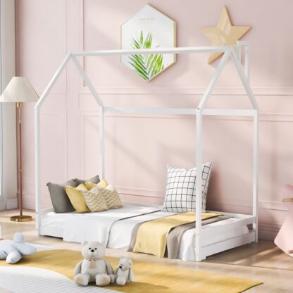 Kumix House Floor Bed, Wooden Twin Size Floor Bed with Roof Frame for Kids Teens Boys and Girls, No Weight Capacity Limit, Heavy Duty Floor Bed for Bedroom, Dorm, No Box Spring Needed, White